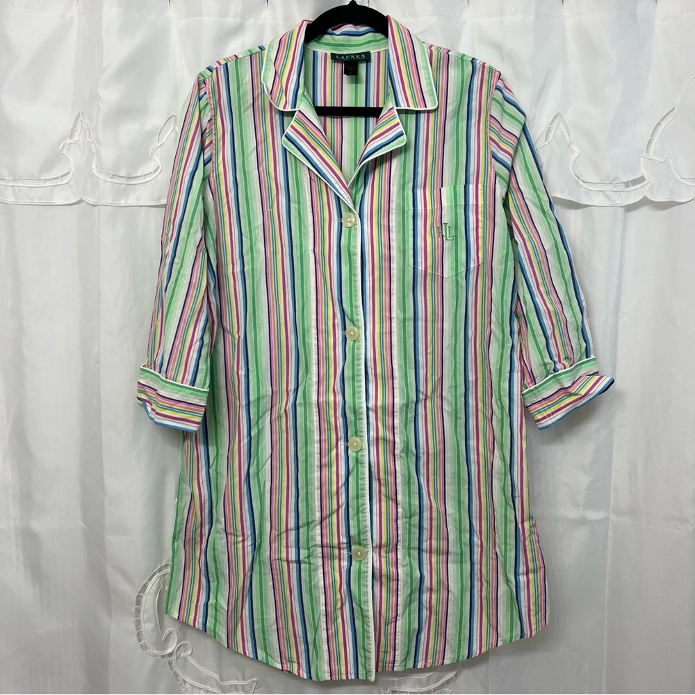 Lauren Ralph Lauren Striped Cotton Sleep Shirt Nightgown Pajama Size L